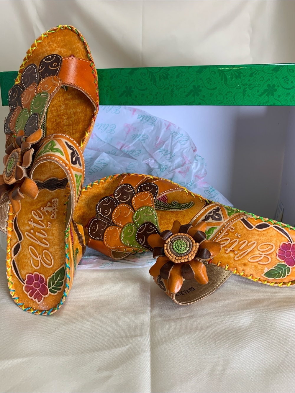 Elite Women's Floral Leather Slide Sandals in Orange and Green